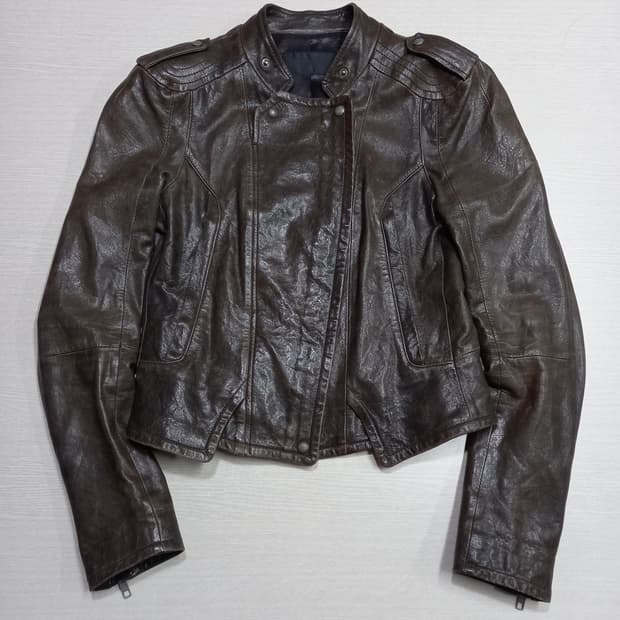 M90 SYSTEM 크롭 바이커 레더자켓 다크브라운 M-989