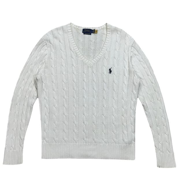 RALPH LAUREN 화이트 브이넥 케이블 니트 S