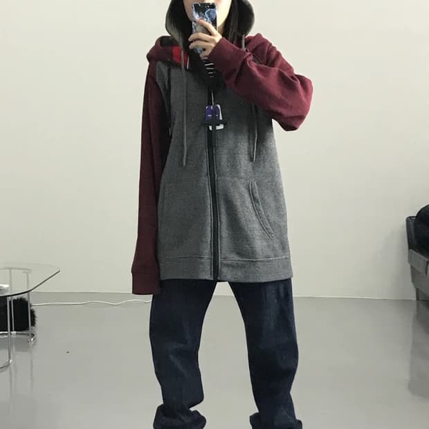 JPN 남색버건디 배색 기모 후드 집업