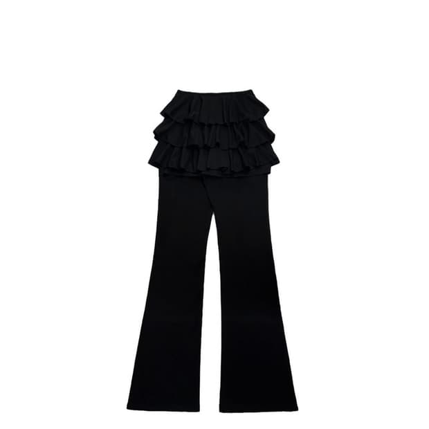 페인츄얼 Ruffle Layered Flare Pants-Black