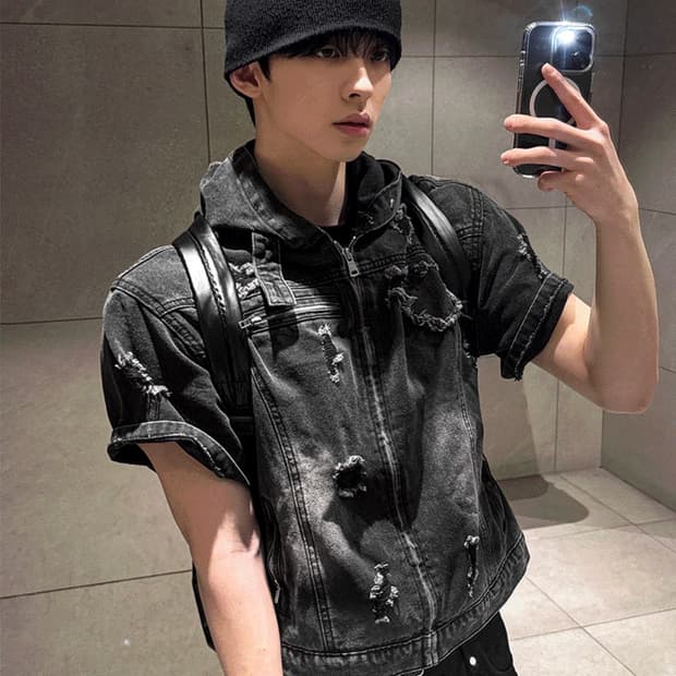 코시하루 크레이 데님 반팔 후드자켓