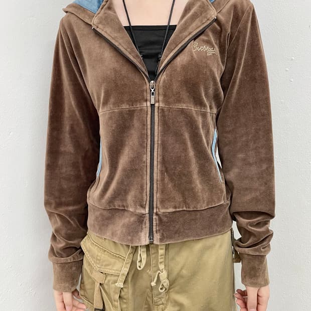 브라운 y2k 벨벳 후드집업