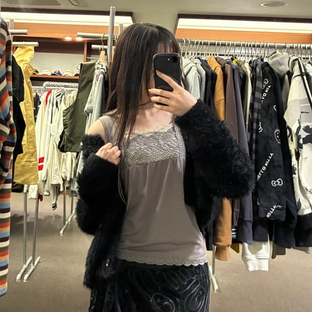 M)Japanese vintage 여성 레이스 디테일 모카 슬리브리스