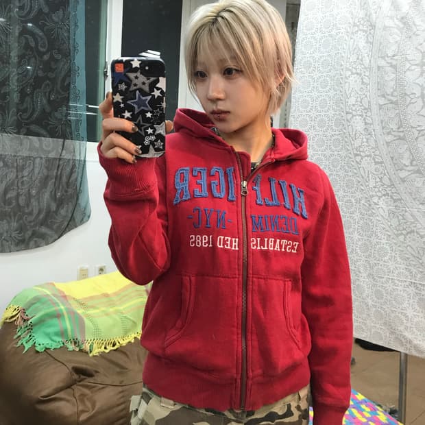 타미힐피거 기모 자수 후드집업 