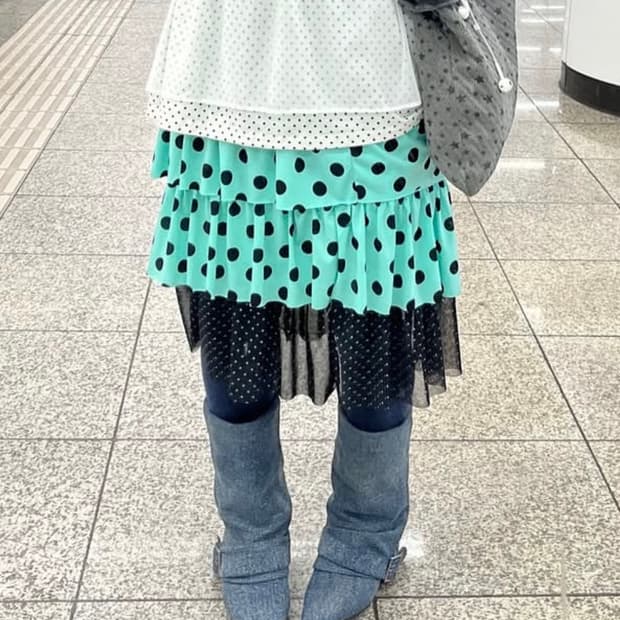도트 프릴 민트스커트 