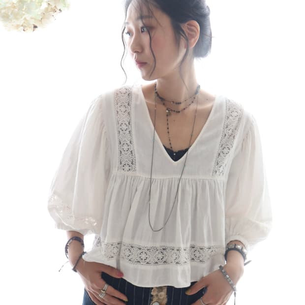 Vintage Lace Puff Cotton Blouse