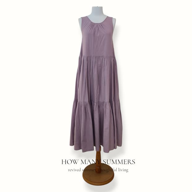 면 캉캉 롱 원피스 뮤트 퍼플 셔링넥 나시 티어드