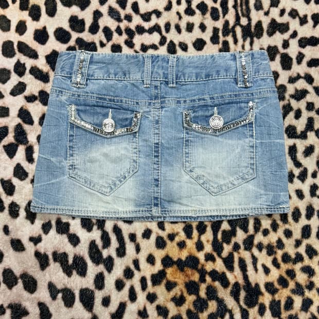 갸루 피스마크 스팽글 화이트워싱 데님스커트 