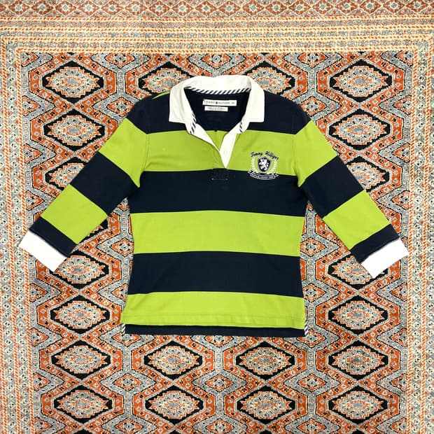 타미힐피거 그린 네이비 배색 7부 럭비 티셔츠 여성S