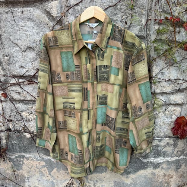 일본 빈티지 폴리 100 에스닉 패턴 셔츠