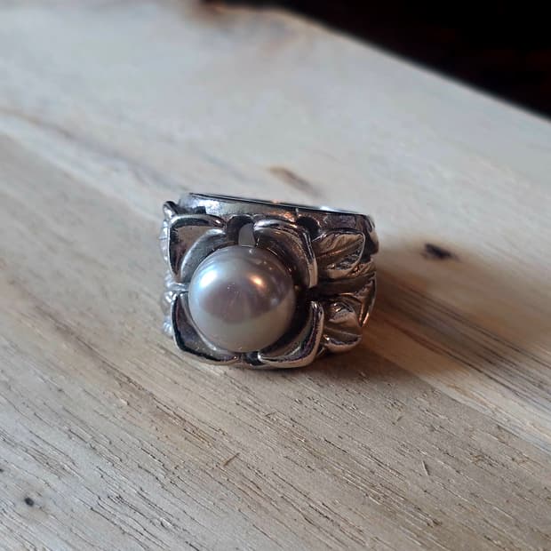 빈티지 실버 나뭇잎 모티브 진주 반지