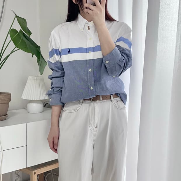 [정품] 폴로 화이트 / 네이비포니 배색 단가라 셔츠 [ M ]