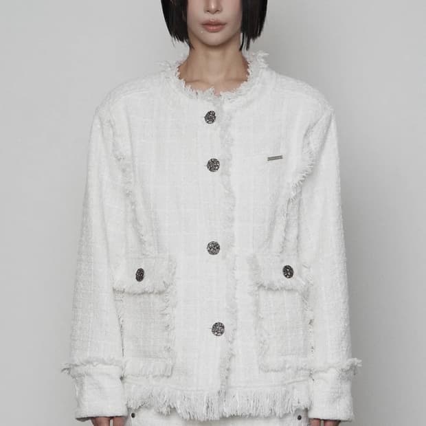 에트오소메 백벨트 포켓 오버핏 트위드 자켓 화이트 