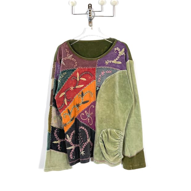 빈티지 핸드메이드 패치워크 자수 긴팔티셔츠 / 