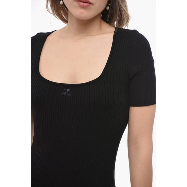 꾸레쥬 로고 스퀘어 넥 골지 니트 탑