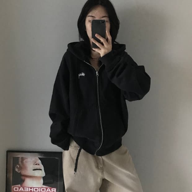 스투시 FW22 스탁로고 기모 블랙 후드집업