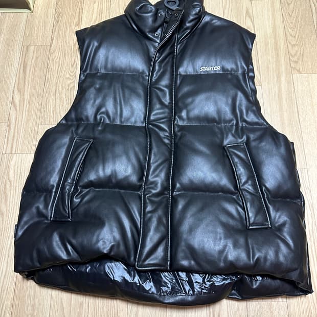 스타터 블랙 레더 패딩 조끼 L
