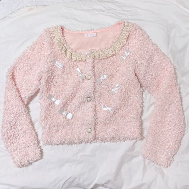 리즈리사 뽀글이 리본 니트 가디건 히메갸루 로걀 라떼갸루 핑크 빈티지