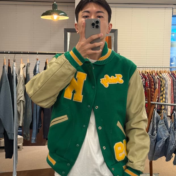 (L)Dehen 데헨 Leather Arm Varsity Jacket