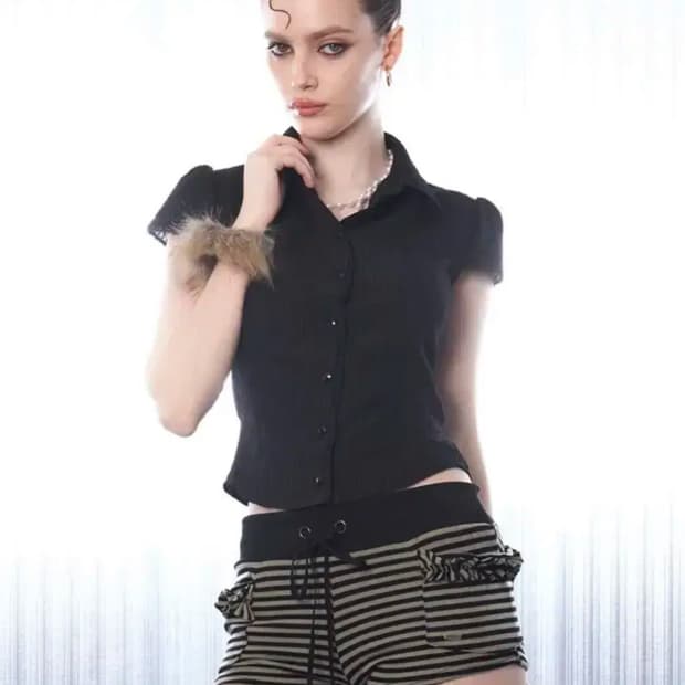 힐다 hillda 레이시 보우 셔츠 블랙 S