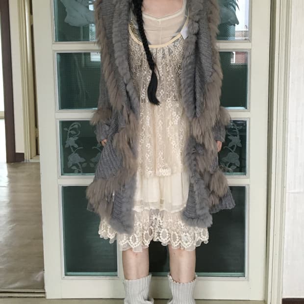 rabbit Fur trimming knit ruffle cardigan