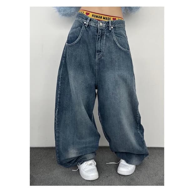 포인트 워싱 빈티지 루즈 빅 와이드 데님 팬츠 (L)