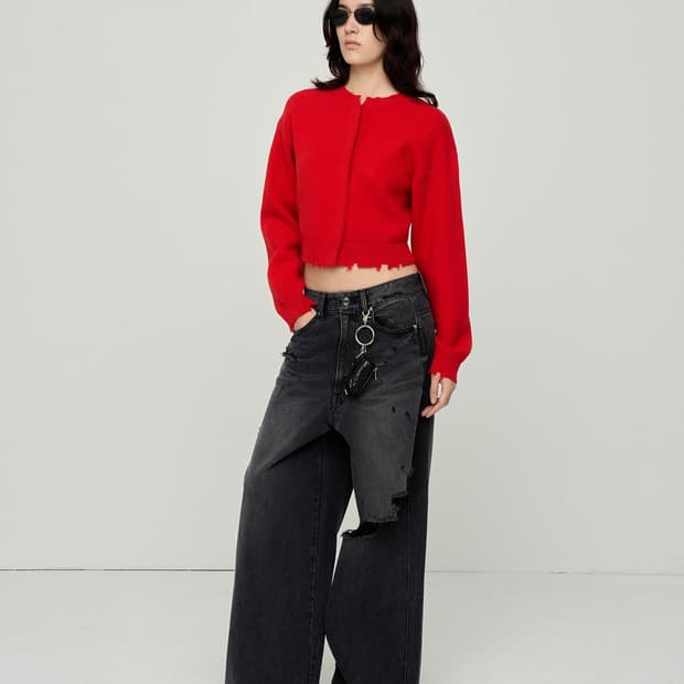 LCDC DISTRESSED ROUND-NECK CARDIGAN RED