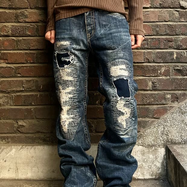 1990s JPN pikball 그런지 데미지 디테일 데님팬츠