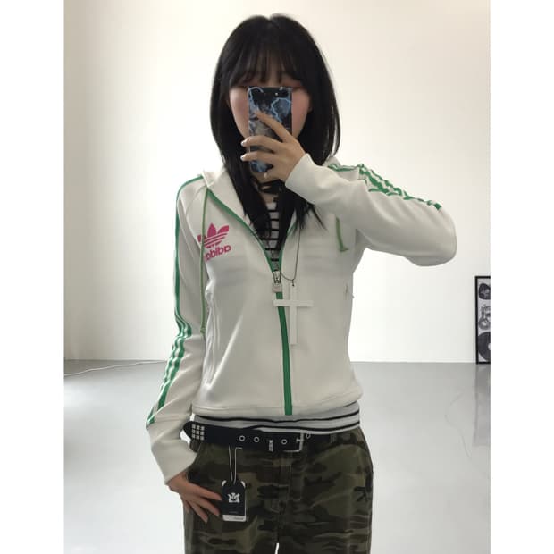 Adidas White & Green Firebird Zip Up