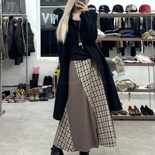 axes femme 믹스 체크 롱 스커트