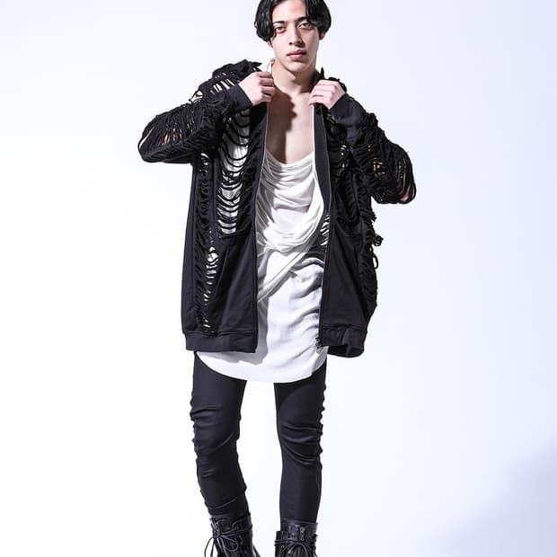 율리우스 디스트레드 후드 더블집업 자켓