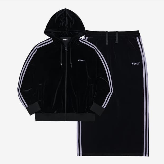널디 벨벳 후드집업 스커트 세트 블랙 M 트레이닝 셋업