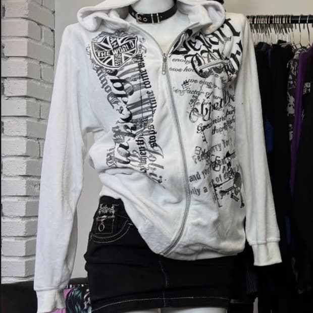 빈티지 펑크 화이트 벨벳 후드집업