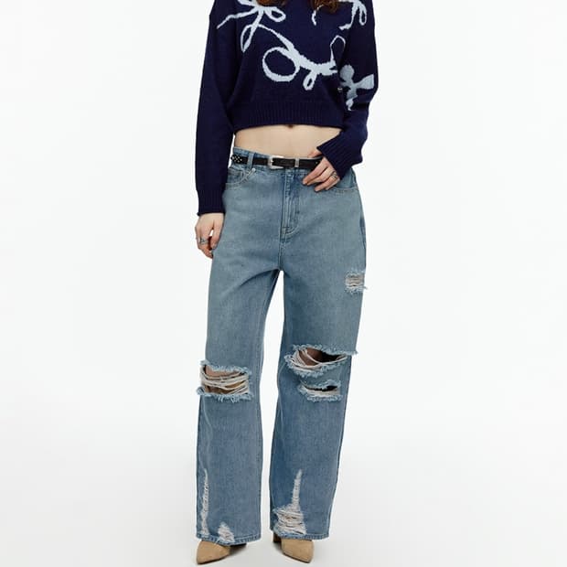 24SS FALLETT 디스트로이드 와이드 데님 팬츠 라이트블루