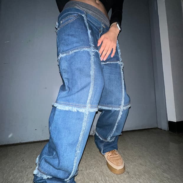 Grid frayed line denim pants