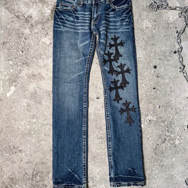 AGATE LABEL 레더 패치 스키니진