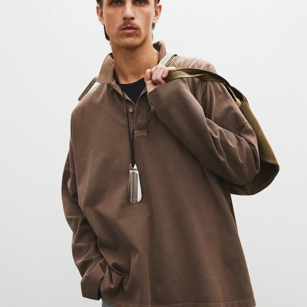 렉토 오버사이즈 가먼트 코튼 피케 긴팔 카라 티셔츠 카키 브라운