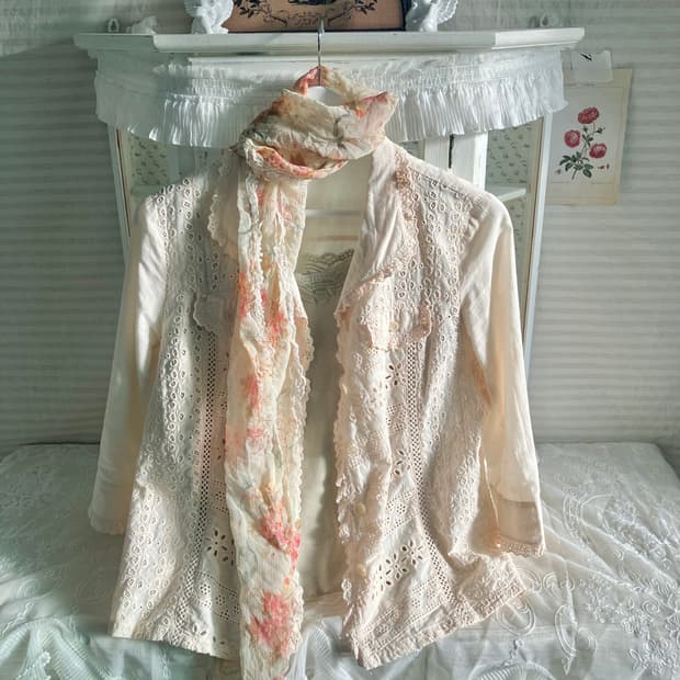 Set)레이스 펀칭자켓 + 플로럴 머플러 + 민트 그린 나시