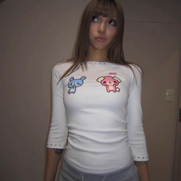 Srrybabe 슬리브 7부 긴팔티 슬림핏 y2k 키치 빈티지