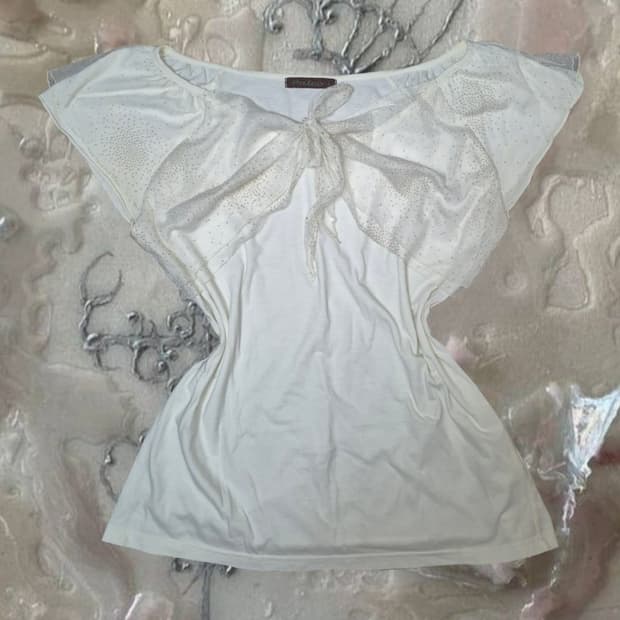 일본 빈티지 모리걸 로걀탑 리본 블라우스 글리터 화이트 천사핏 갸루