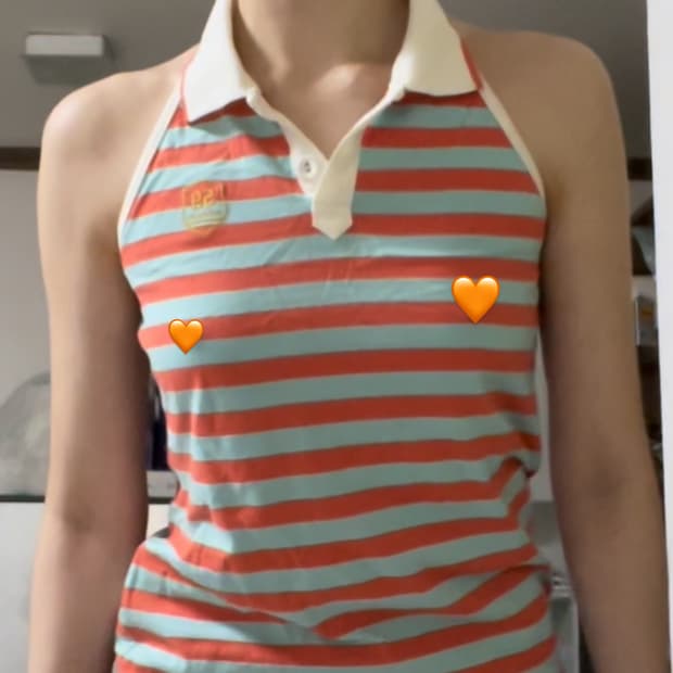 엘레쎄 홀터넥 카라 스트라이프 오렌지 골드글리터반짝이 나시 슬리브리스