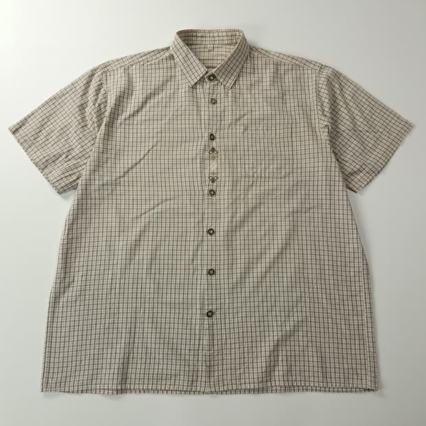 CK645 2XL 90s 독일판 바바리안 린넨 베이지 체크 반팔 셔츠 