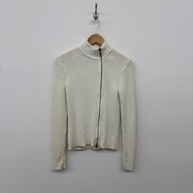 띠어리 화이트 골지 사선 디테일 니트 집업 가디건 여성 S