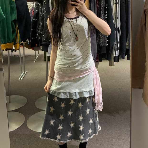 L)Japanese vintage 여성 별무늬 레이스 나시