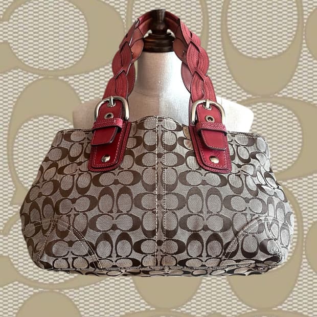 90s coach 코치 자카드 브라운 캔버스 레드 레더 호보 숄더백