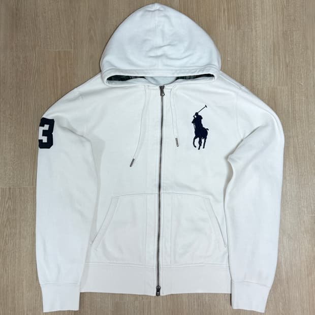 M 폴로 빅포니 체크 후드집업 화이트