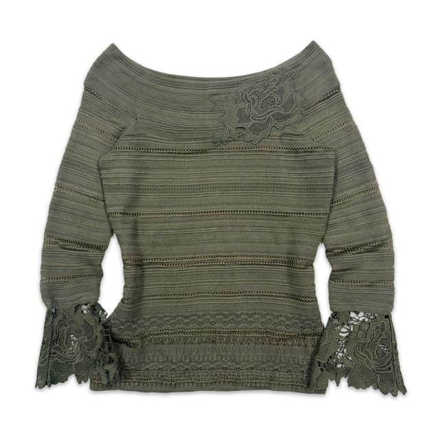 빈티지 카키 플라워 레이스 오프숄더 니트