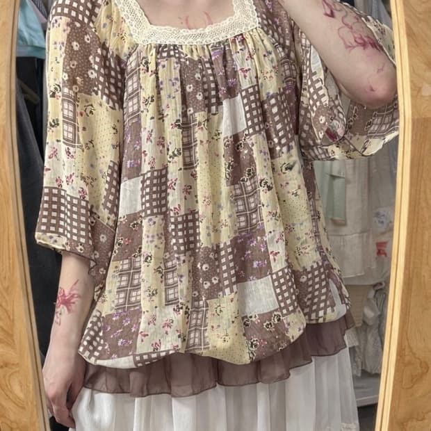 하구미 모리걸 브라운 패치워크 블라우스 원피스