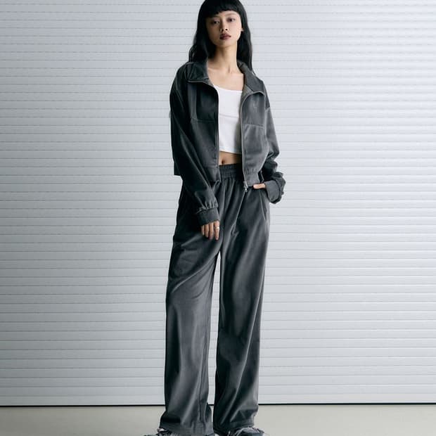 레더리 리버스 로고 벨루어 벨벳 트랙 트레이닝 셋업 세트 차콜