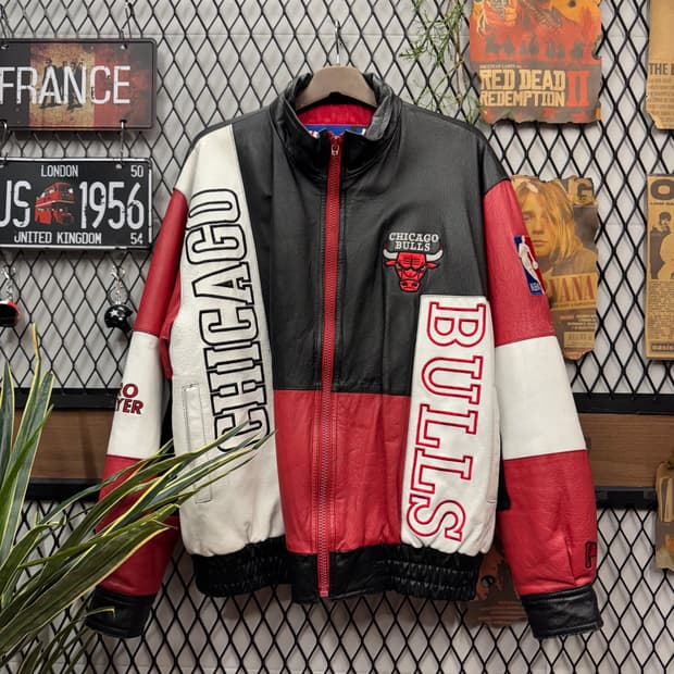90s PRO PLAYER X 시카고불스 레더자켓 컬럭블록 화이트 레드